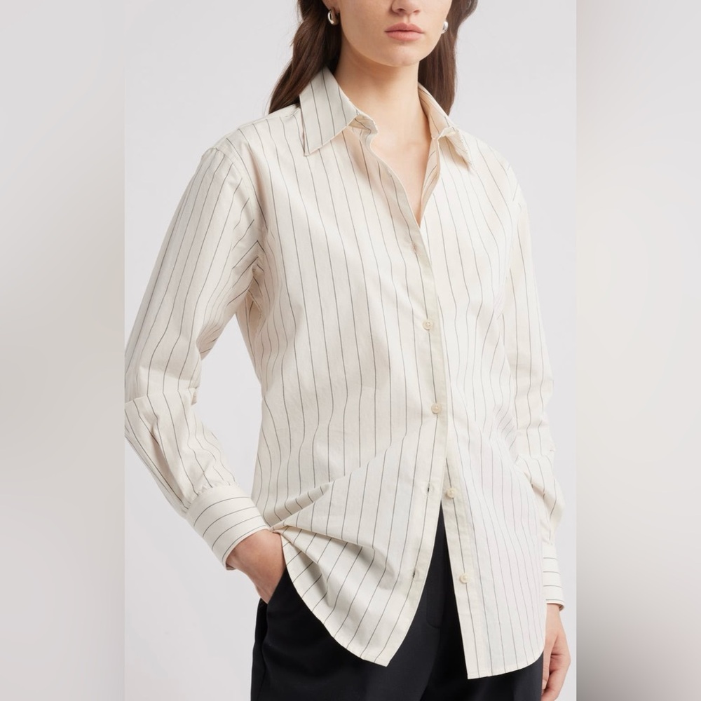 Nordstrom Pinstripe Cotton Button-Up Shirt in Ivory-Black Penny Stripe